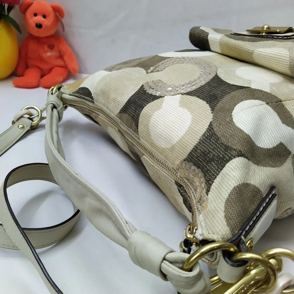 Coach Kristin Signature Siquin Canvas Leather Buckle Zipper Hobo Shoulder Bag